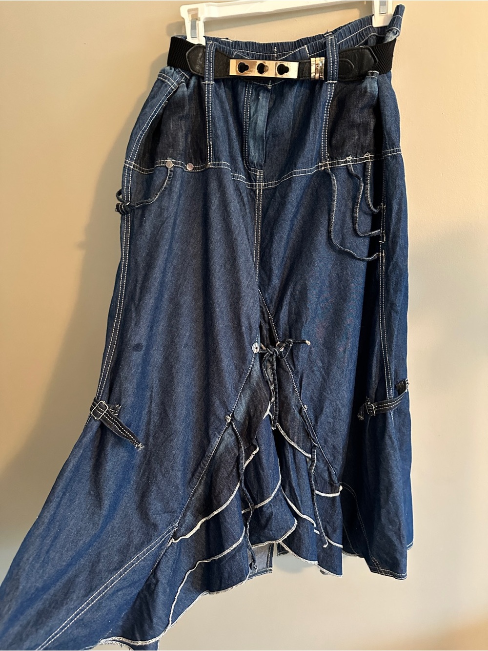 Boho Denim Midi  Skirt with black Belt -by designer Caty Lesca